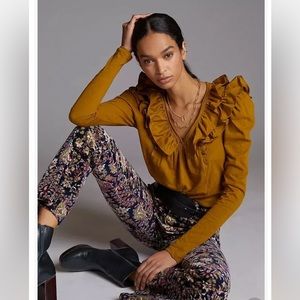 by Anthropologie Ruffled V Neck Puff Sleeve Tee Knit Top Blouse size XS